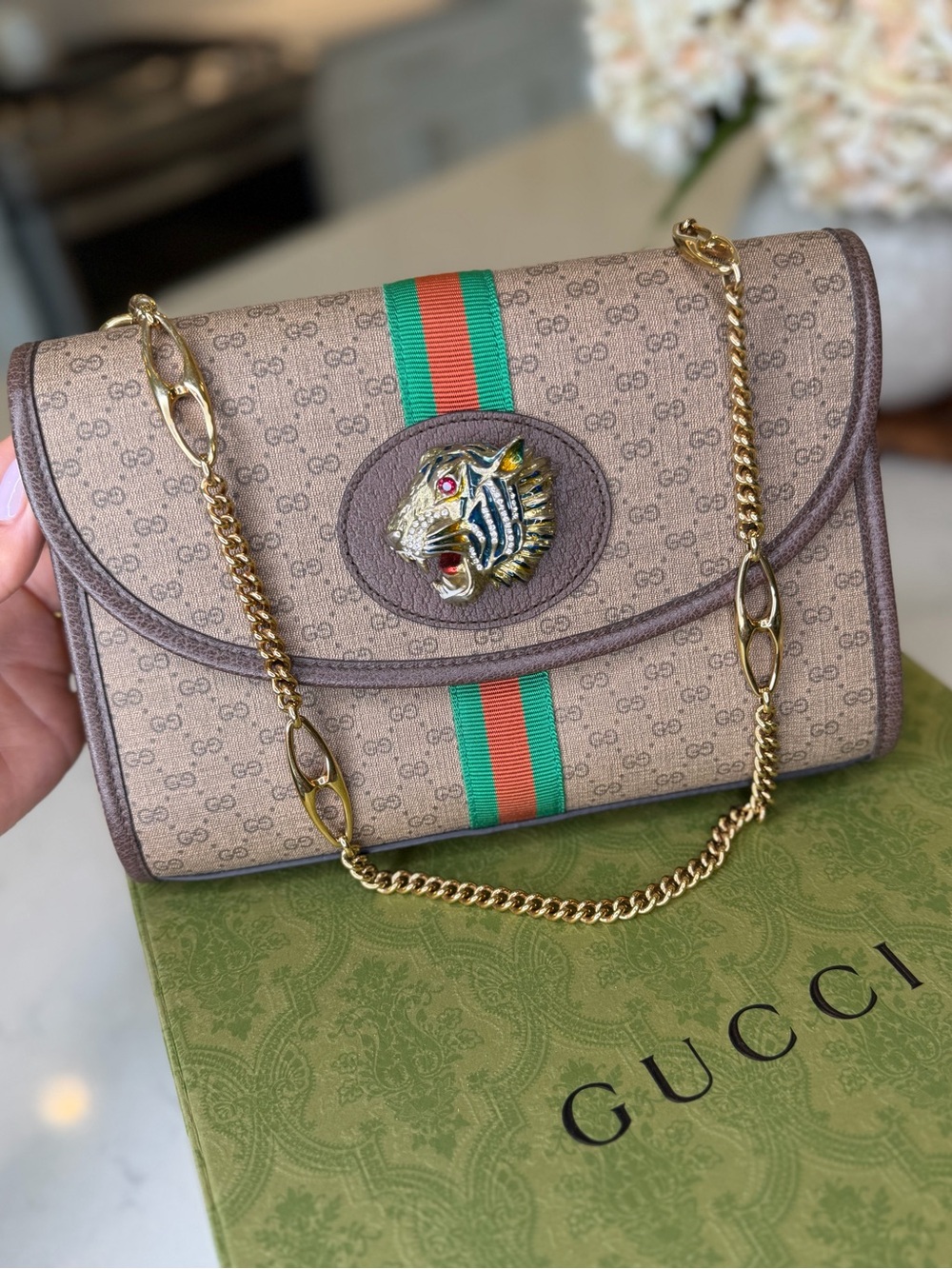 GUCCI Mini Vintage GG Supreme Monogram Web Small Rajah Flap Shoulder Bag Acero